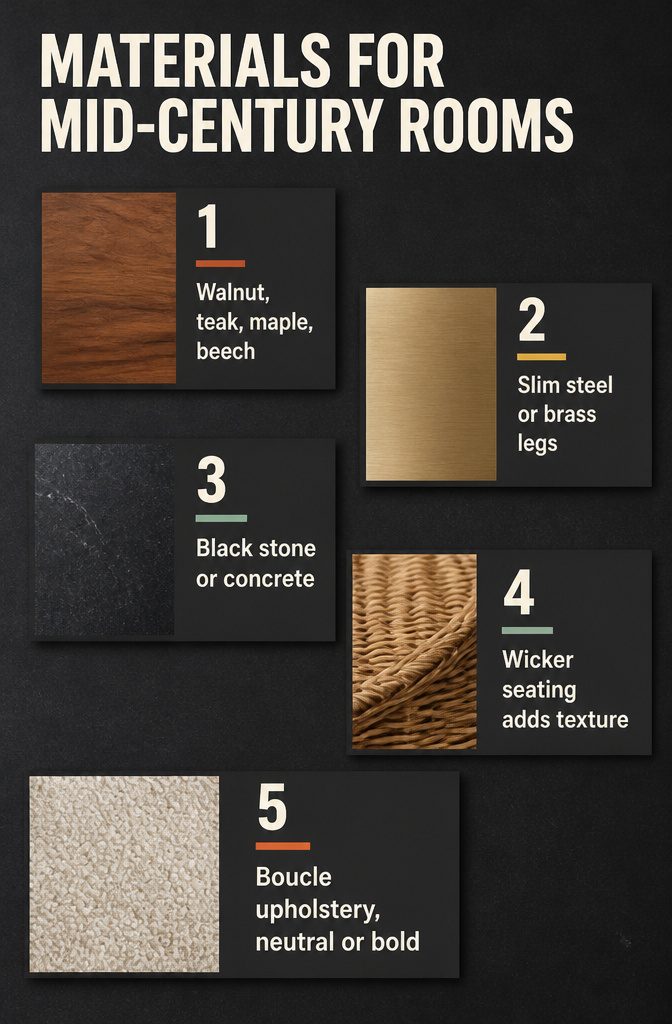 Wood metal stone and wicker materials for a mid-century interior
