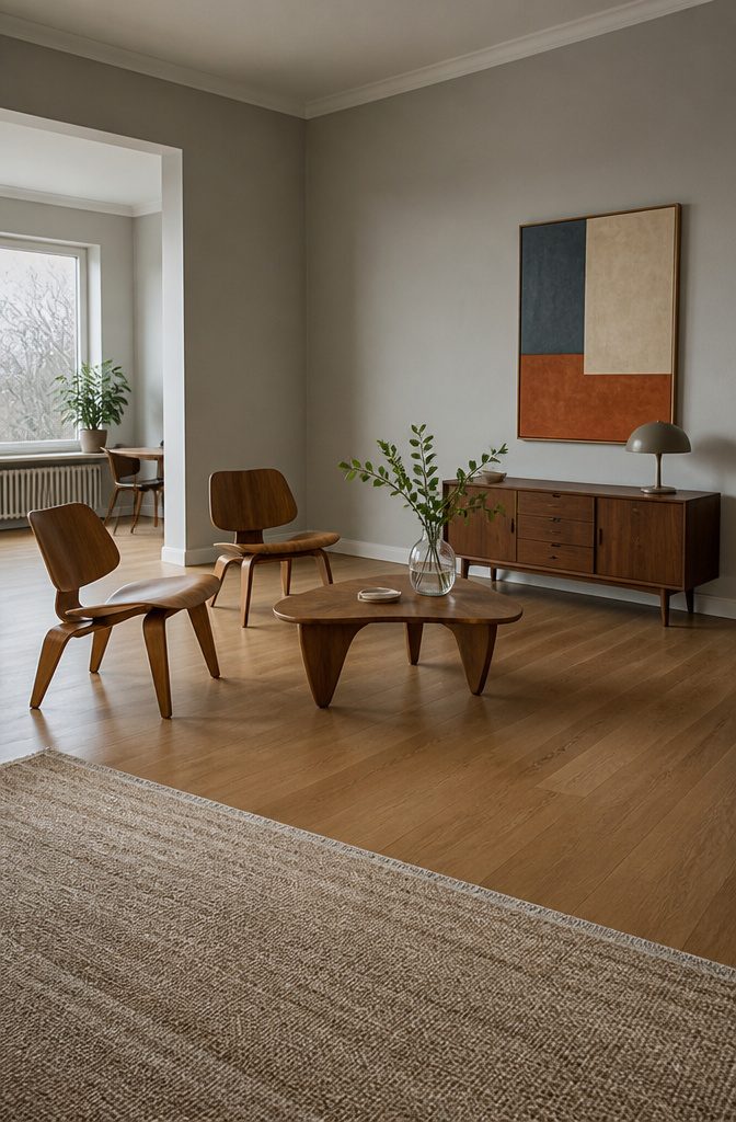 Living room with neutral walls wood furniture and sculptural chairs