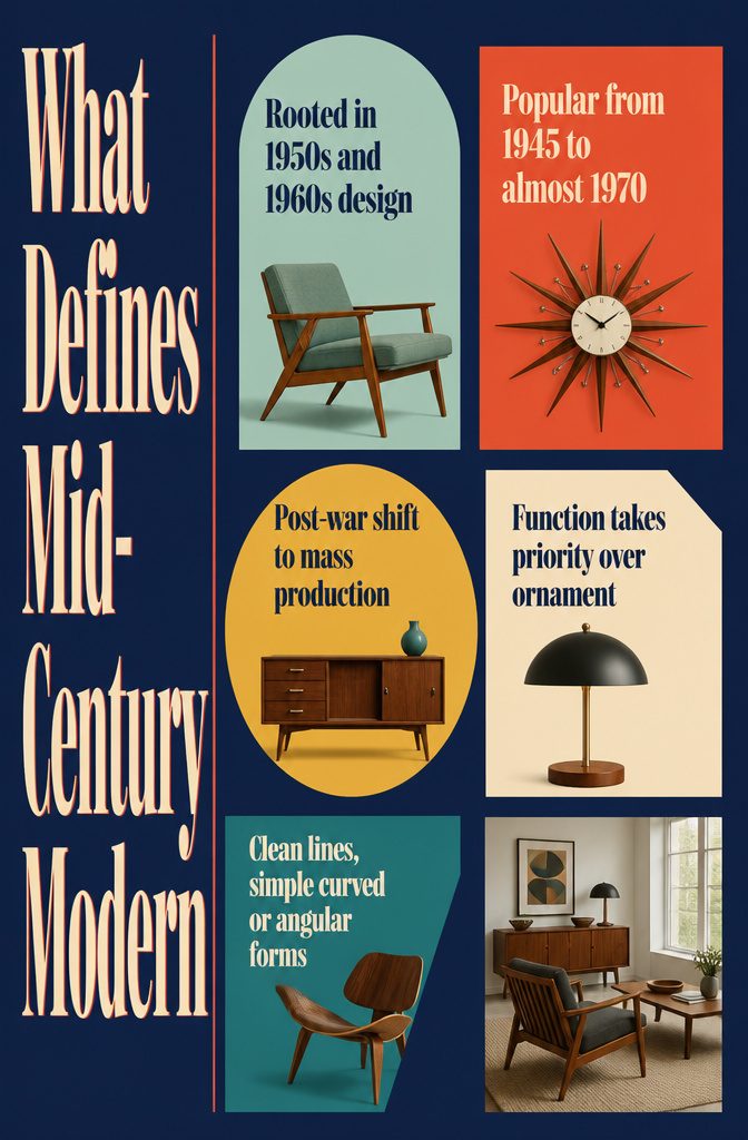 Mid-century interior with clean lines simple forms and warm wood