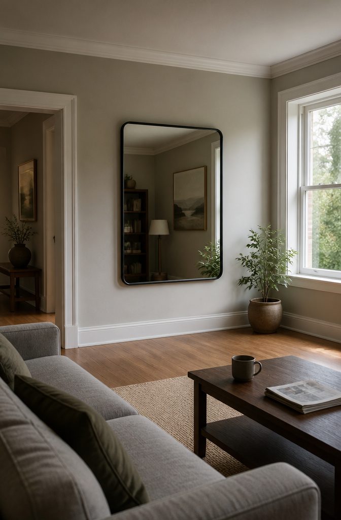 Large framed mirror beside a window reflecting light into a living room