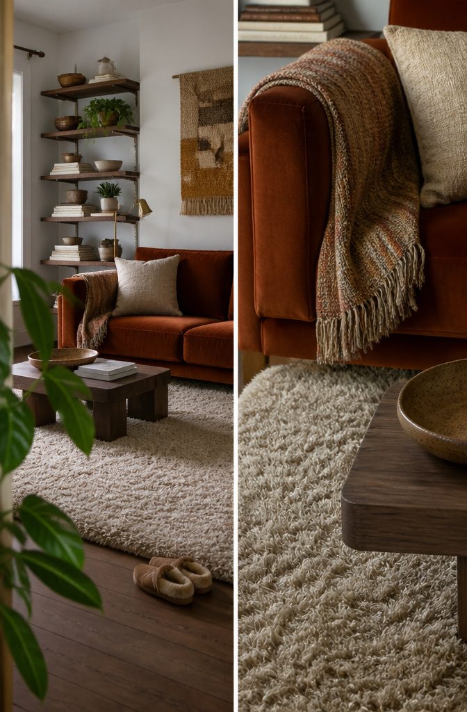 Rust-colored sofa with a shag rug plants and wooden shelves