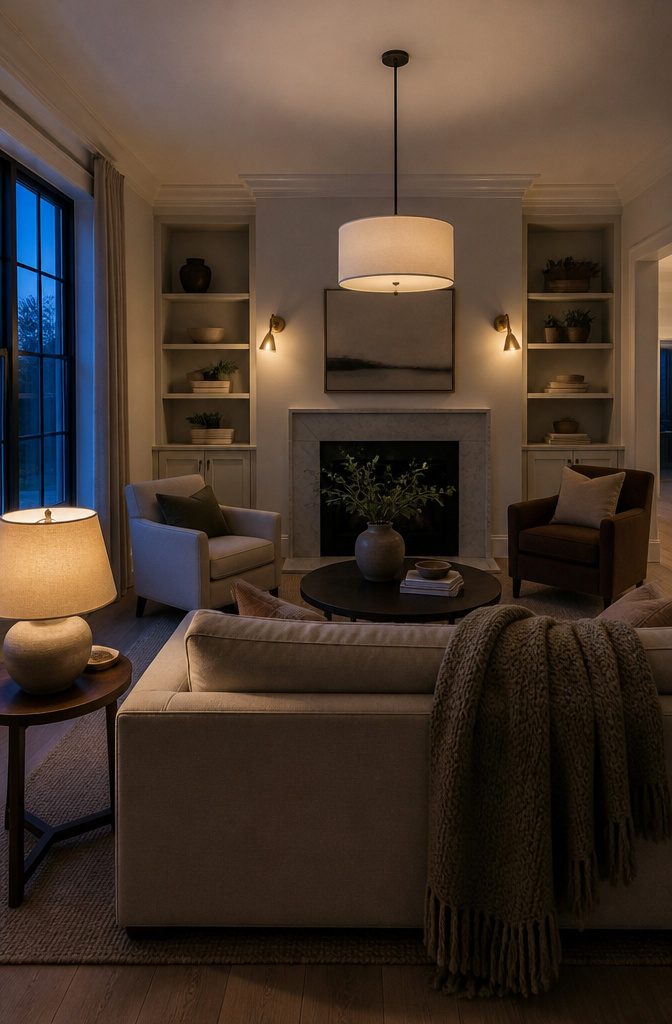 Pendant light brass wall sconces and table lamp above and beside living room seating
