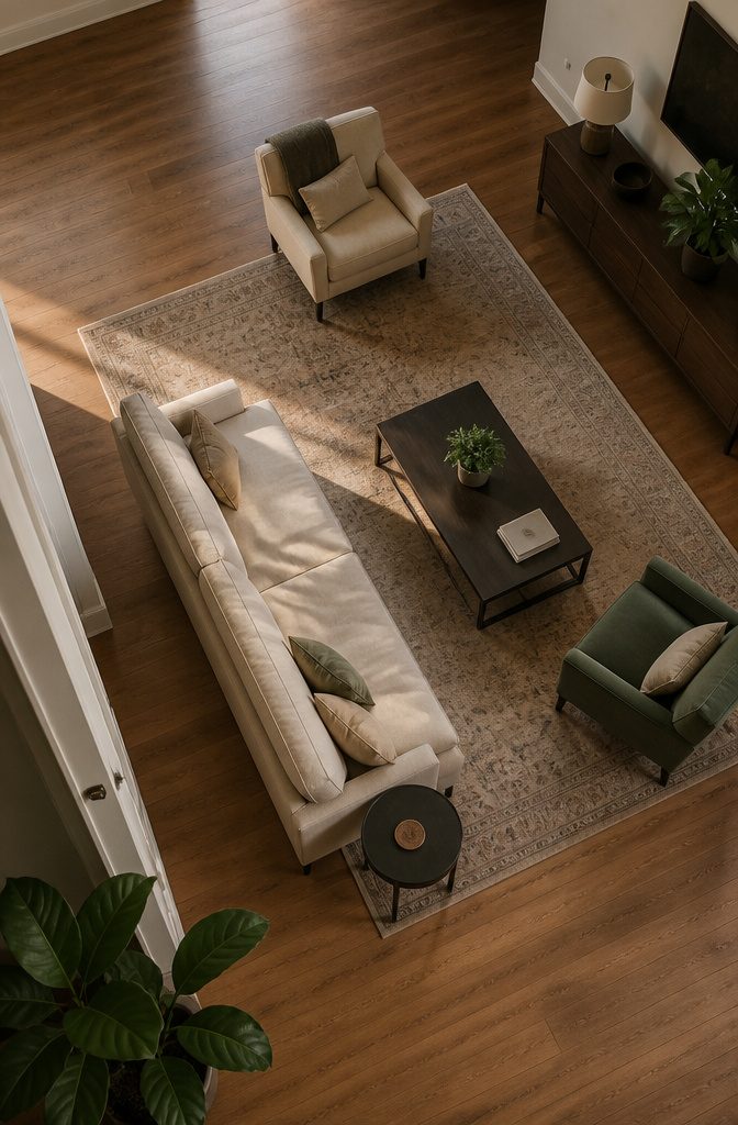 Sofa and chairs grouped inward with open floor space behind the seating