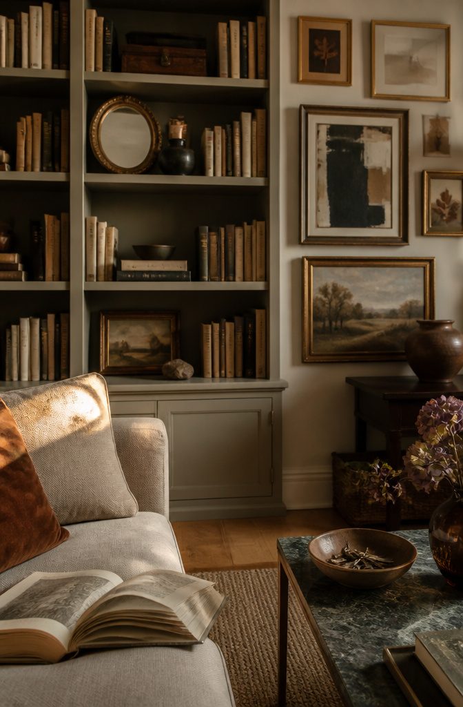 Built-in bookcase with books vintage mirrors small objects and framed art