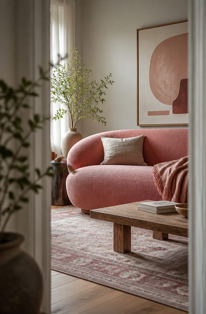 Pink sofa beside a rustic coffee table in a living room