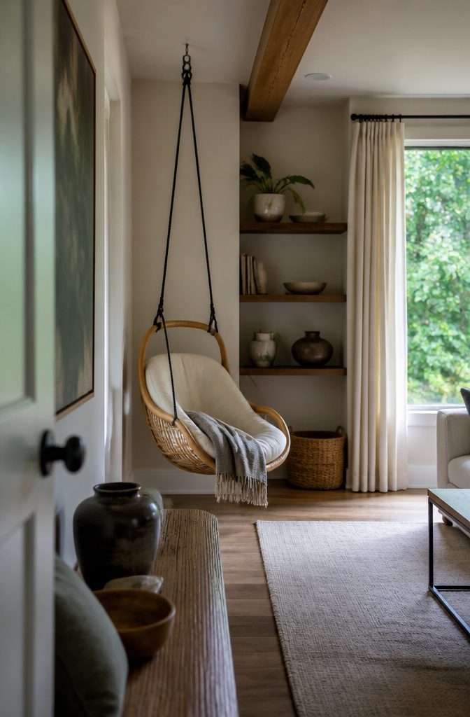 Hanging swing chair in a living room corner beside wall-mounted shelves