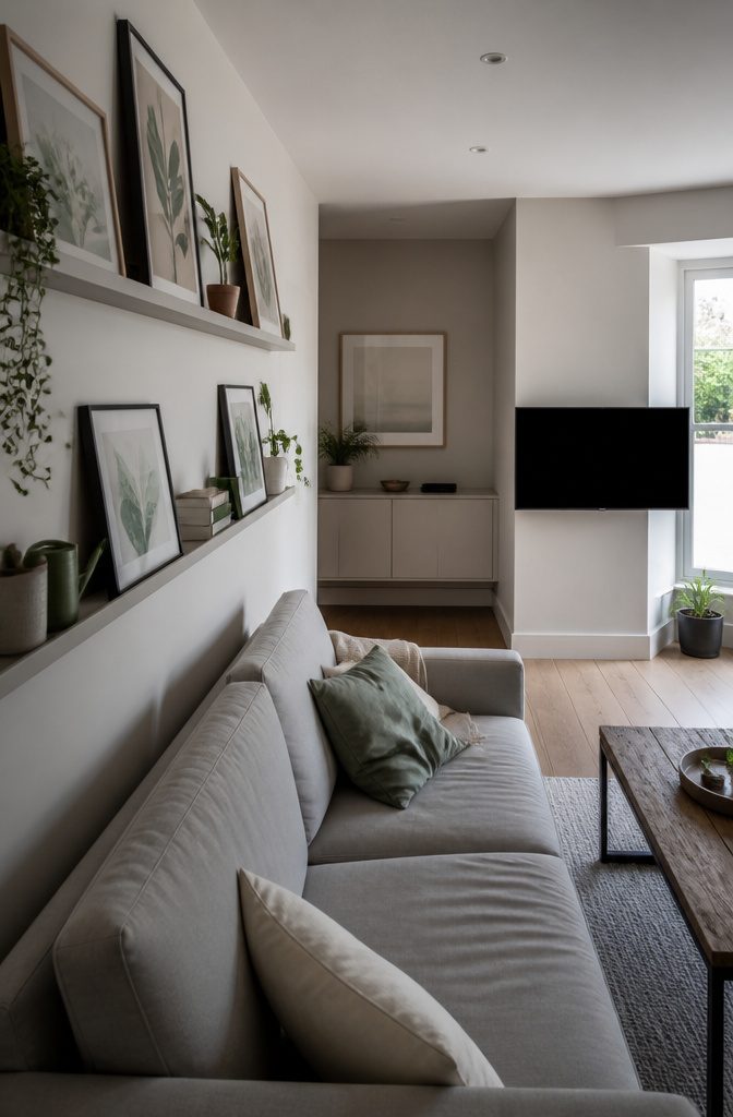 Slim picture ledges with framed botanical prints books and plants above a sofa