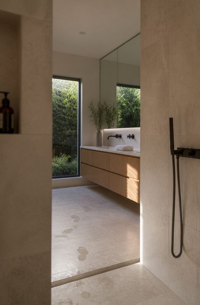 White oak floating vanity against limestone flooring and a travertine shower wall