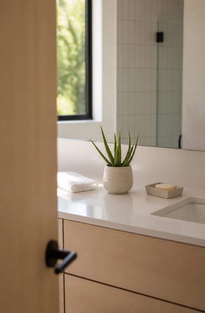 Small aloe plant in a ceramic vase beside a simple bathroom sink