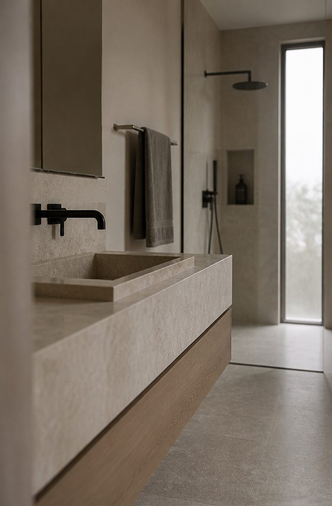 Wall-mounted faucet beside a simple basin and frameless glass shower panel