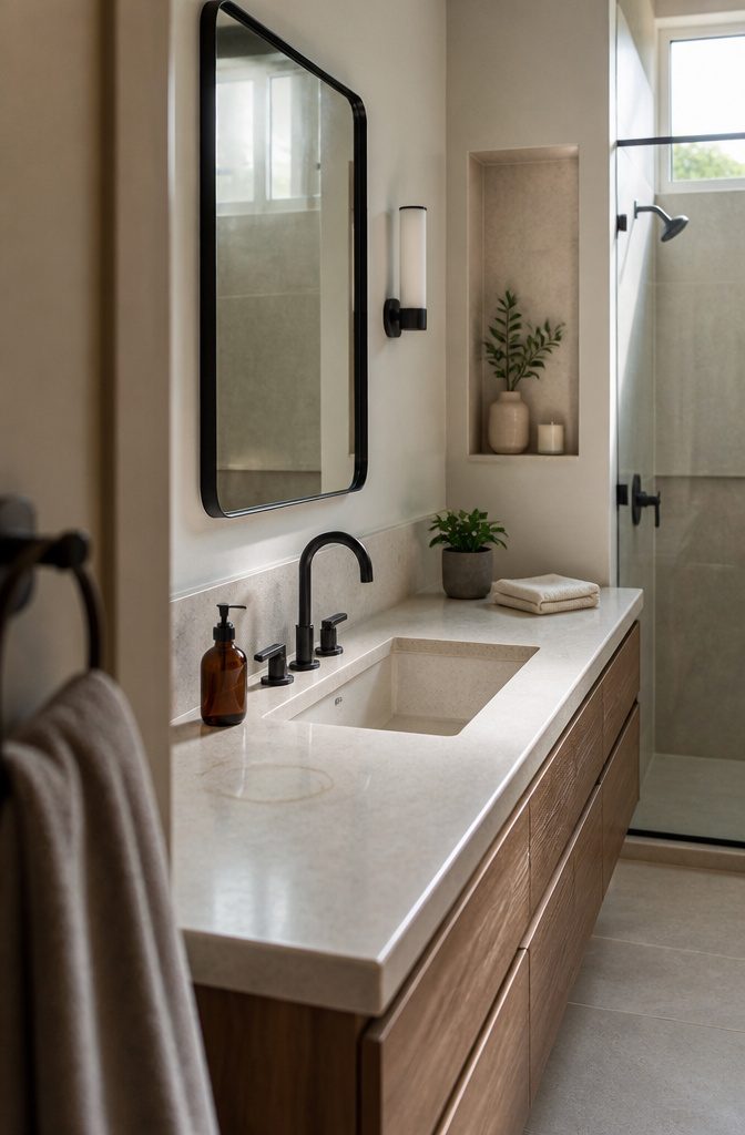 Bathroom counter with a soap dispenser, hand towel and small plant