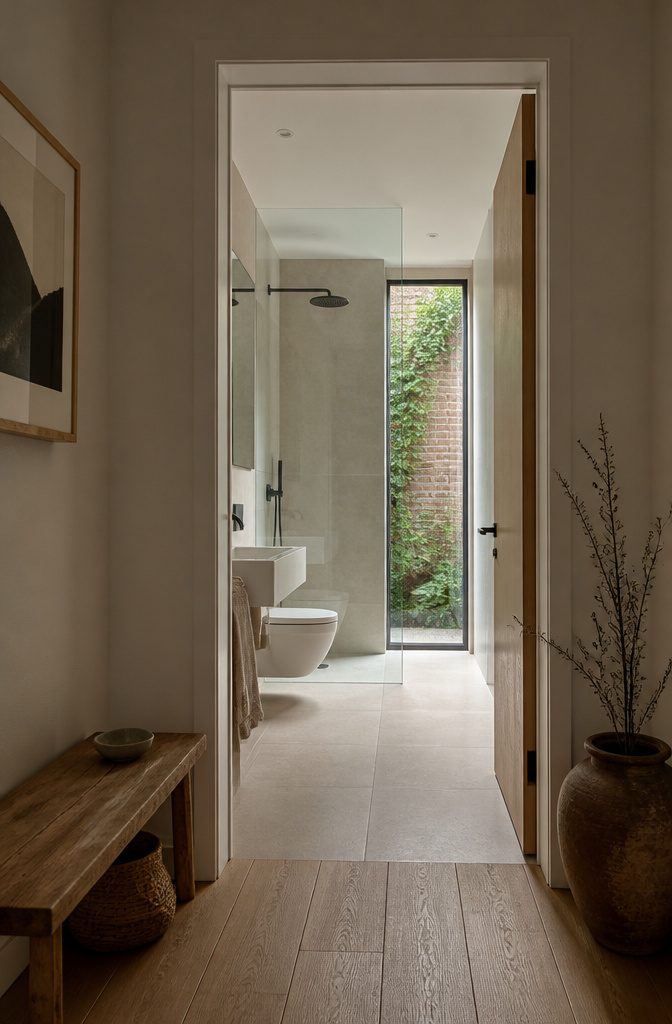 Small bathroom with frameless glass shower, wall-mounted sink and large mirror
