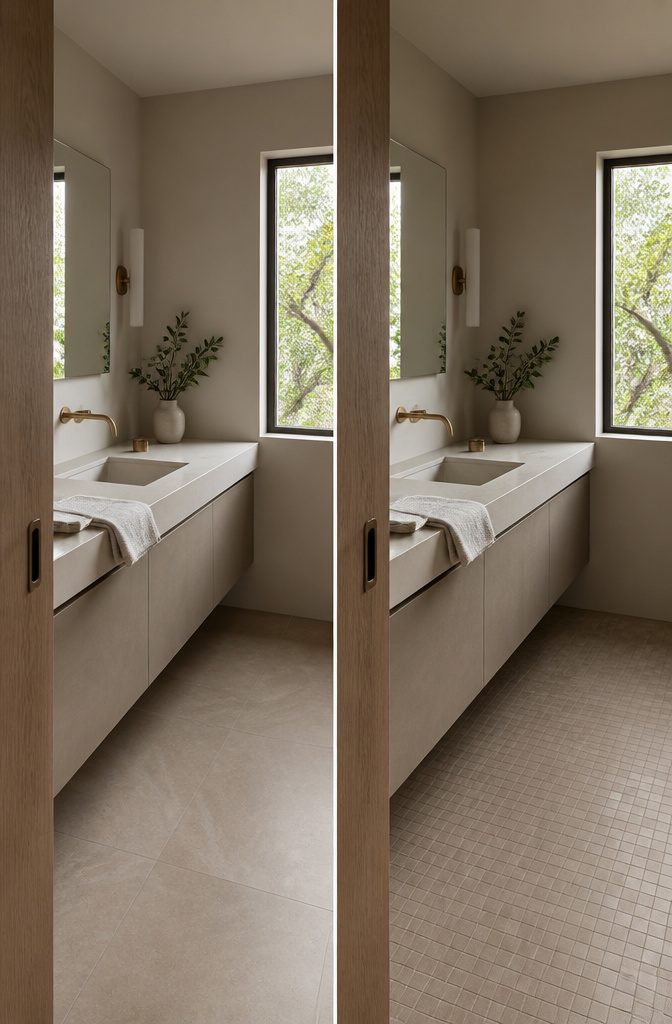 Minimal bathroom with pale walls, simple fixtures and a restrained neutral palette