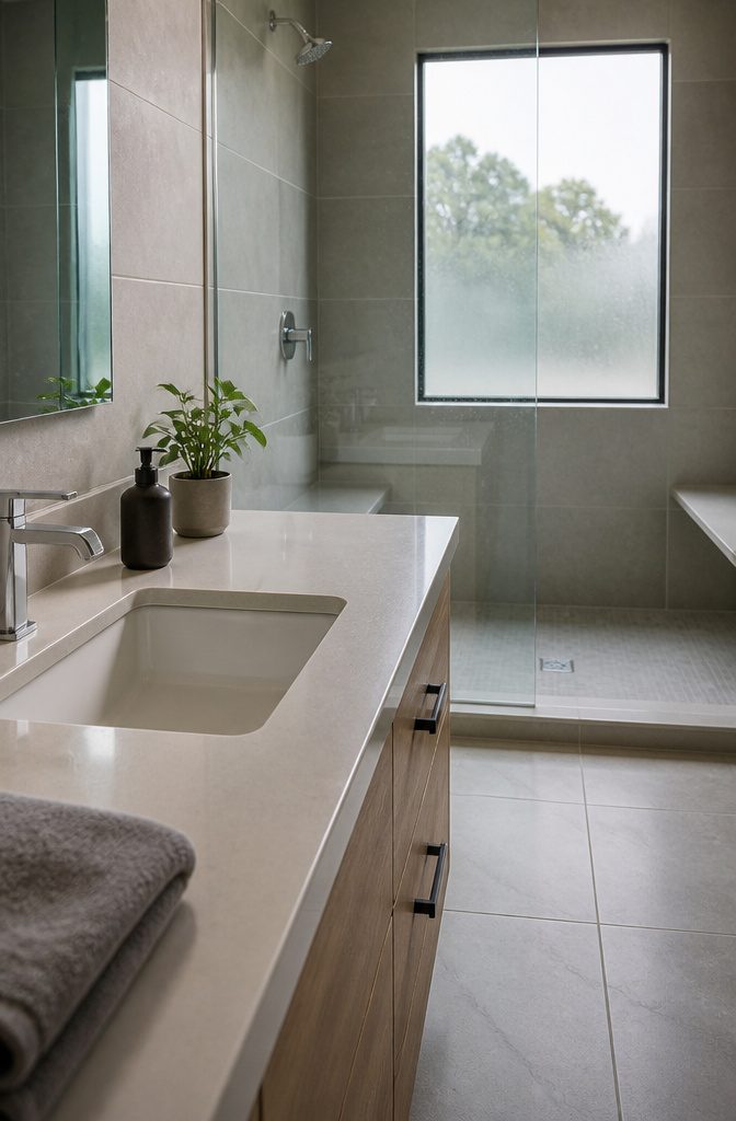 Quartz counter with soap dispenser and plant, matte tile floor and frameless shower glass