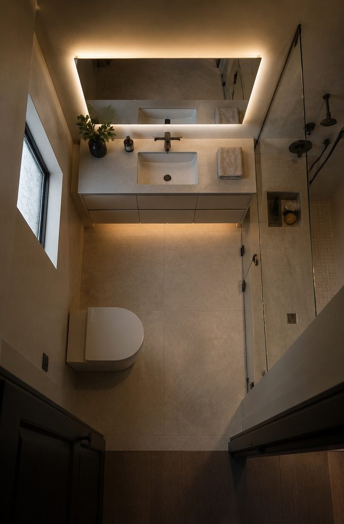 Bathroom with natural light, recessed ceiling lights and sconces beside the mirror