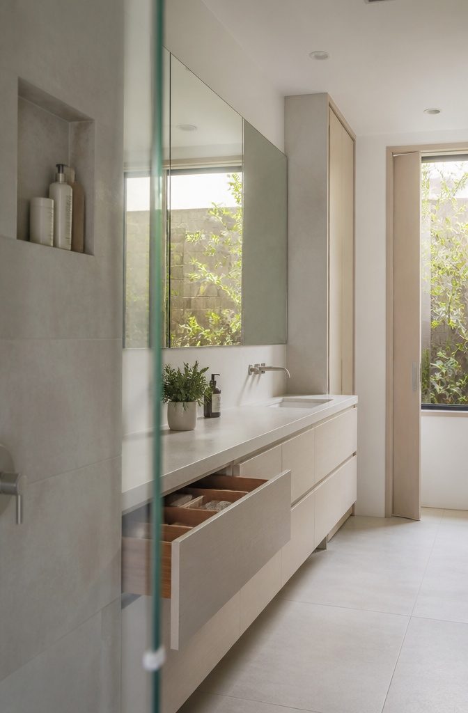 Recessed medicine cabinet above a flat-front vanity with a clear counter
