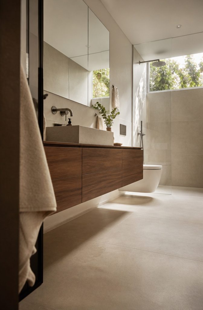 Wall-mounted vanity with flat-front drawers and open floor beneath