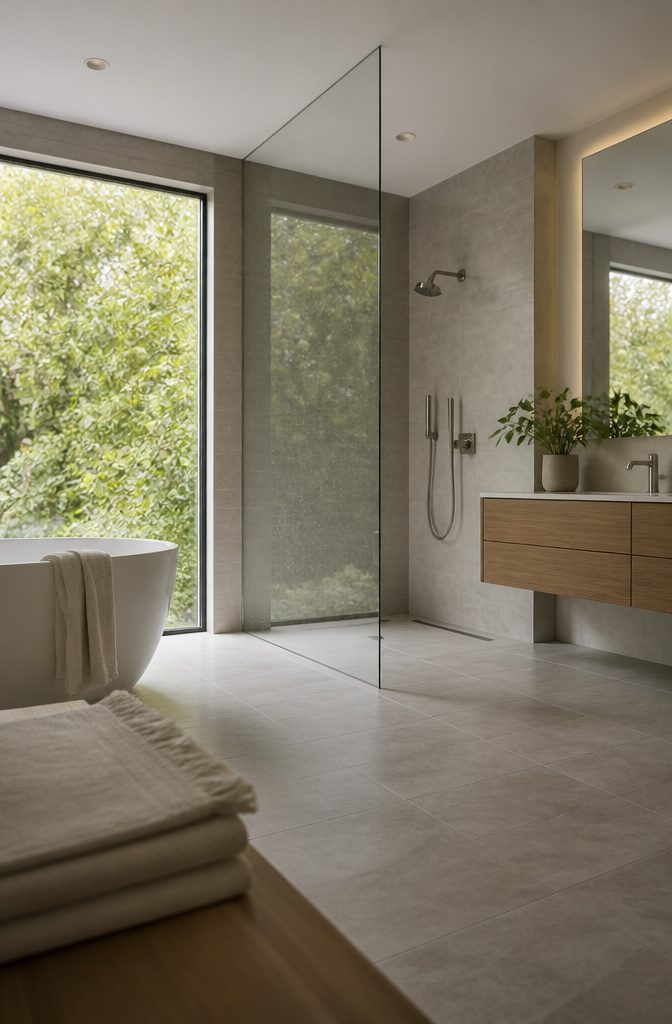 Frameless fixed shower panel beside a continuous curbless tiled floor