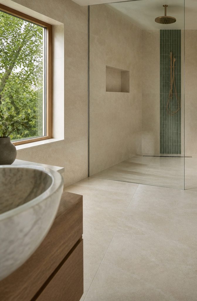 Large pale sand tiles across the bathroom floor and shower with a green tile accent