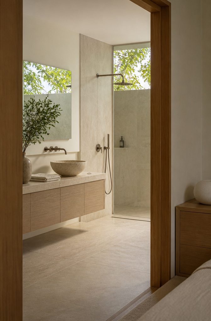 Pale limestone bathroom with stone basin, light oak vanity and tiled open shower