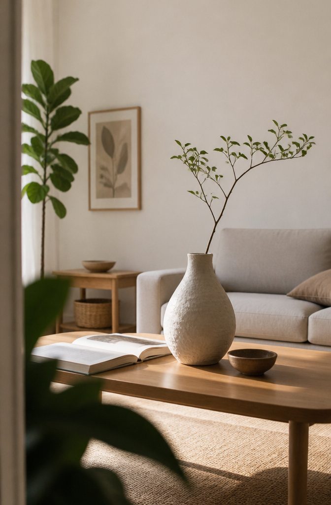 Living room with books on a coffee table, a vase, and an indoor plant
