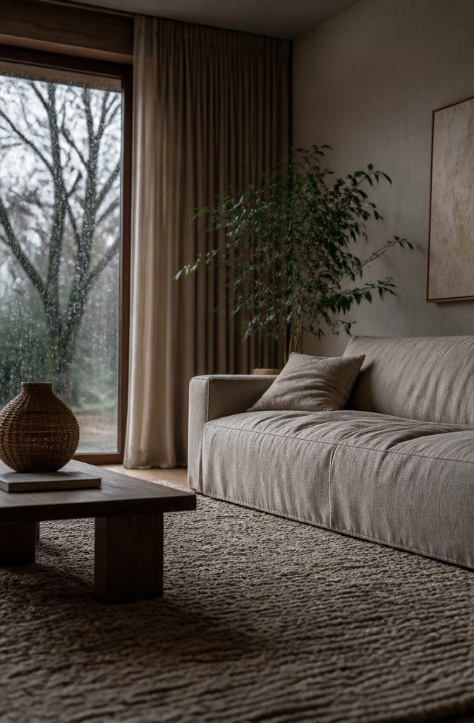 Linen sofa beside a wool rug and woven rattan vessel
