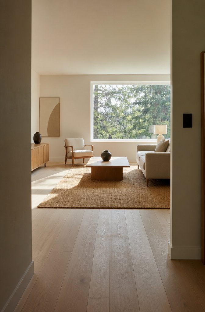 Flat-weave rug beneath a sofa and chairs in a minimalist living room