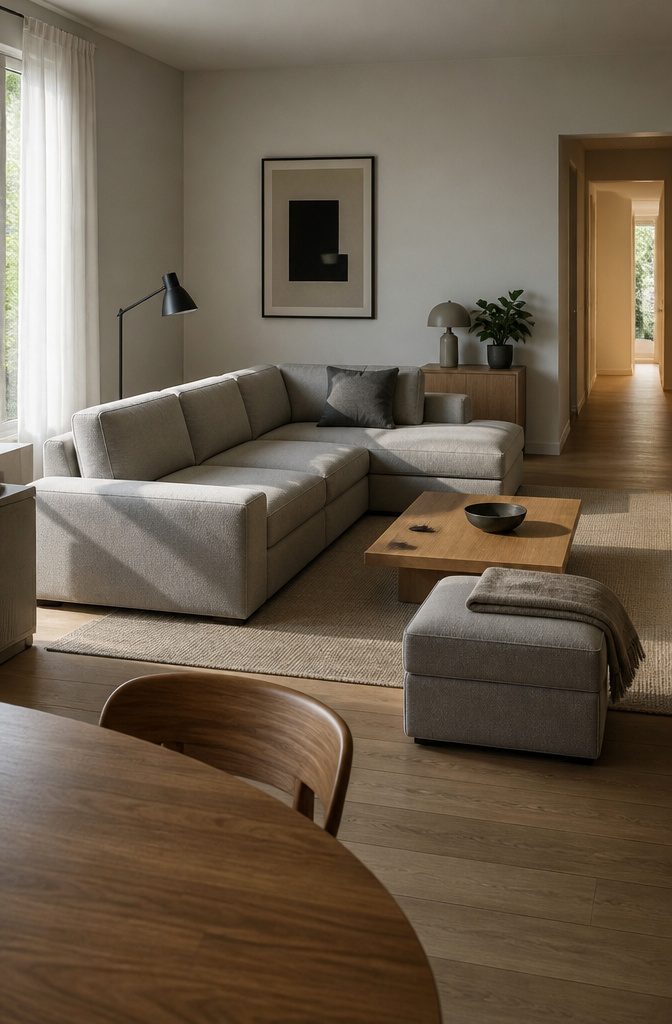 Living room with a low-profile sofa and a simple coffee table