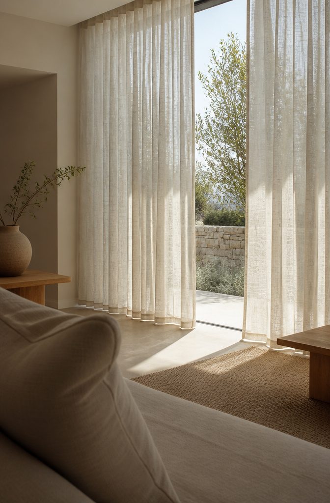 Sheer neutral linen curtains hanging beside a tall living room window