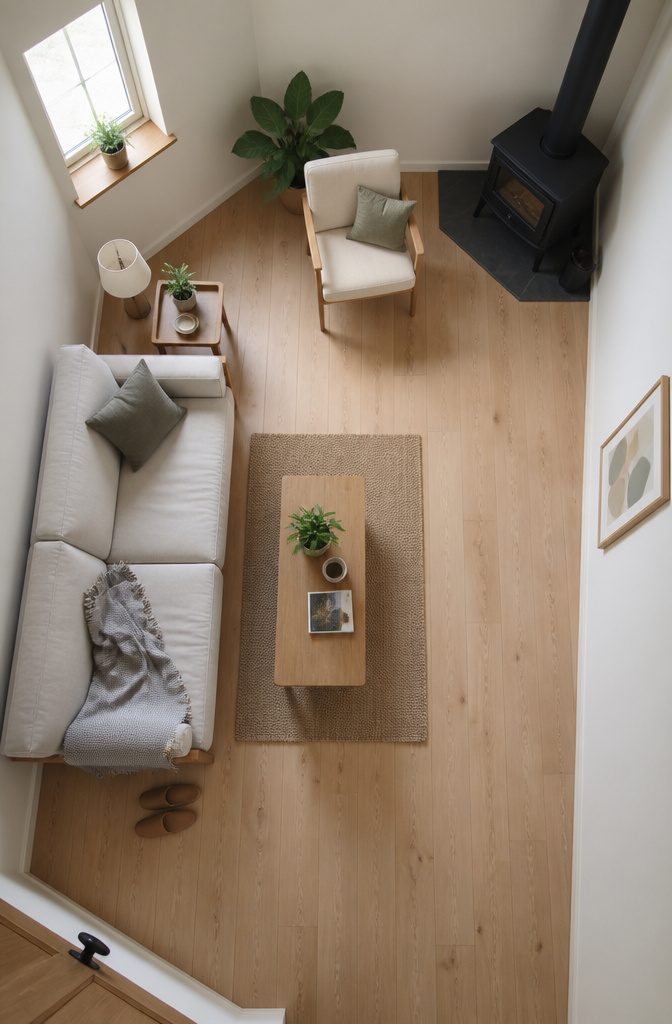 Compact living room with a low sofa and one accent chair