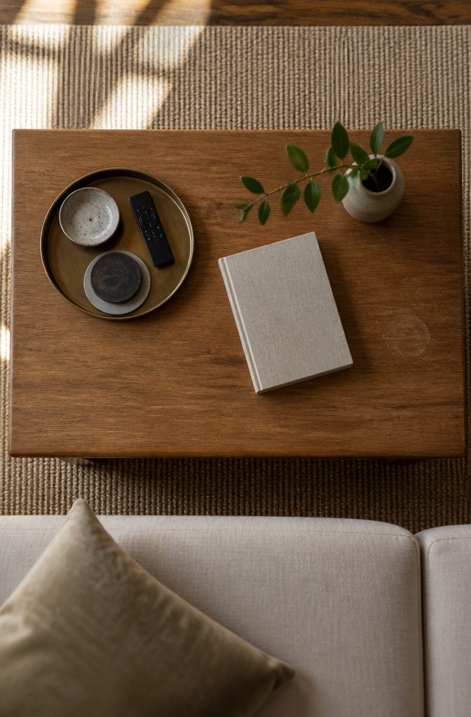 Coffee table with a tray, ceramic dish, books, and a sculptural vase