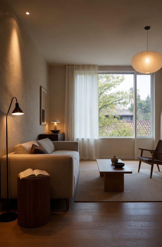 Minimalist living room lit by daylight and warm floor and table lamps