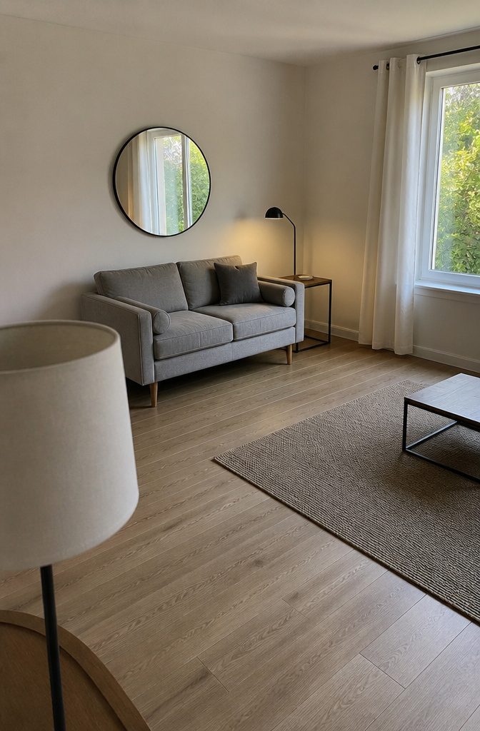 Round mirror reflecting a window above a living room seating area
