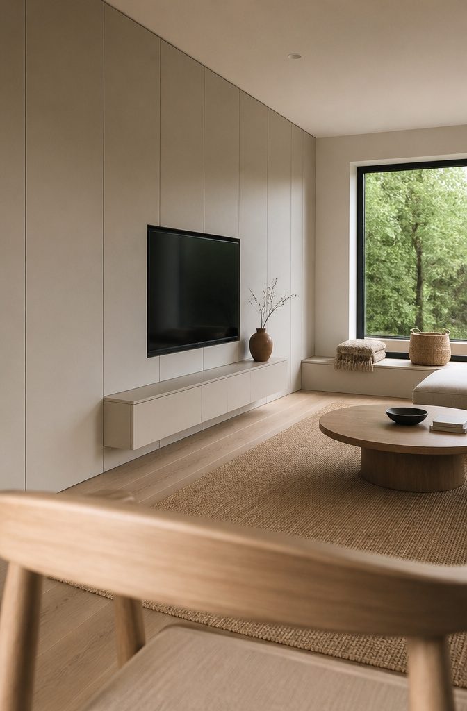 Matte floor-to-ceiling cabinets with a floating media console and television