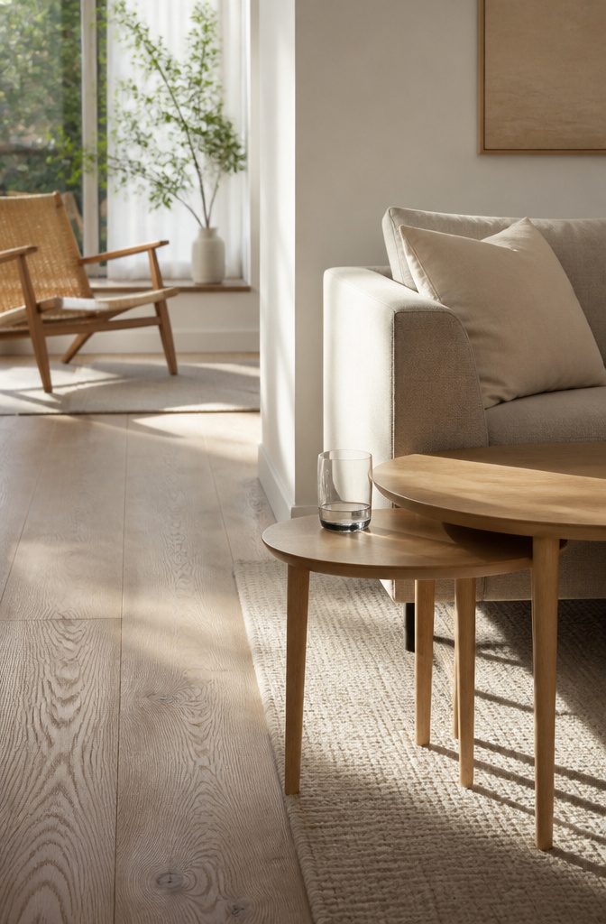 Two pale-oak nesting tables beside a compact sofa with a glass