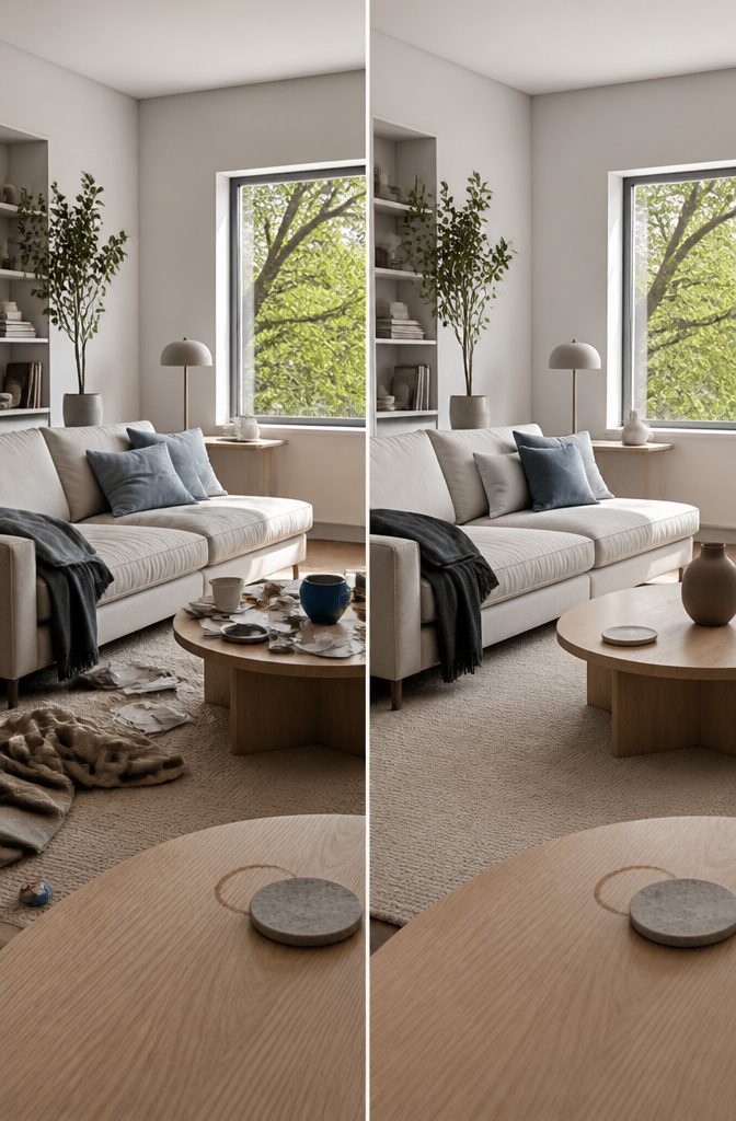 Minimalist living room in white, gray, and beige with muted color accents