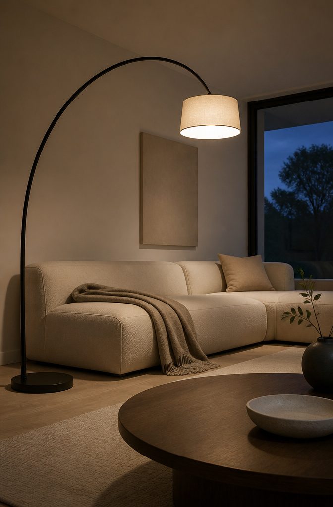 Curved floor lamp arcing over a sofa beside low linear furniture