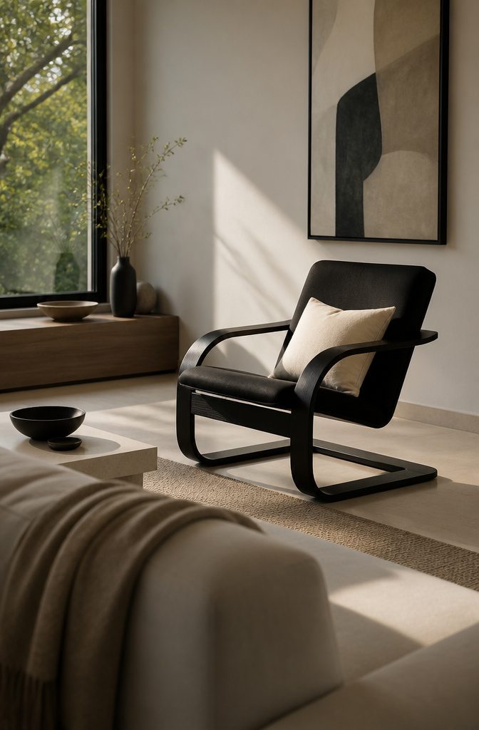 Single black accent chair with curved wood legs beside pale walls