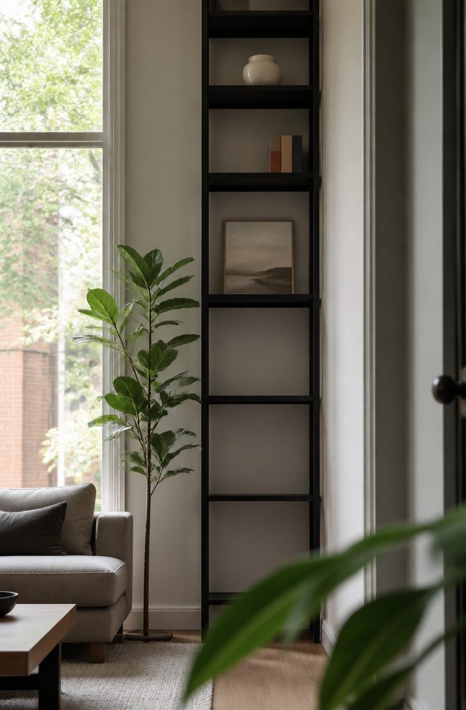 Floating shelves with a small ceramic piece, books, and open space