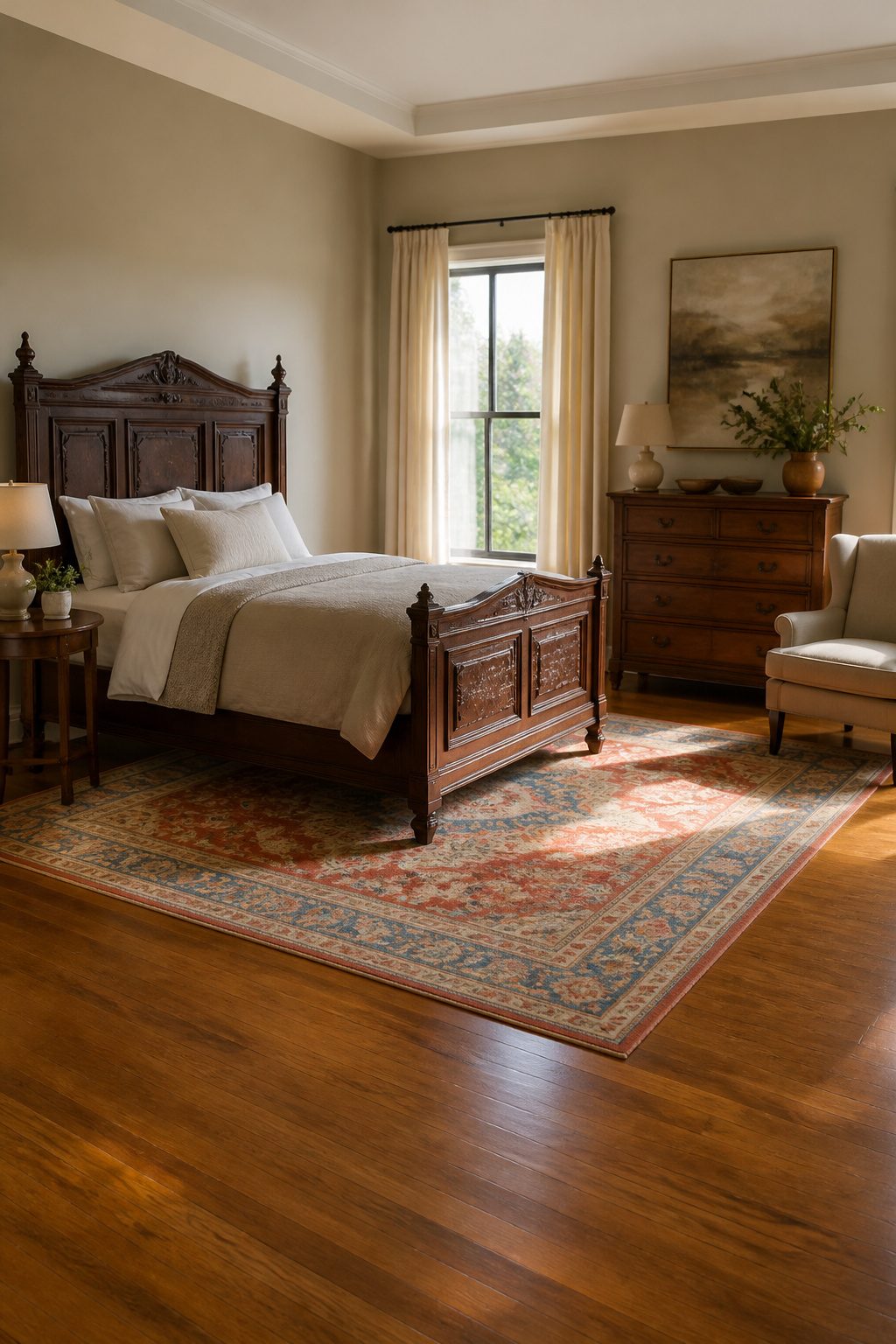 A bedroom with balanced visual weight between furniture pieces.