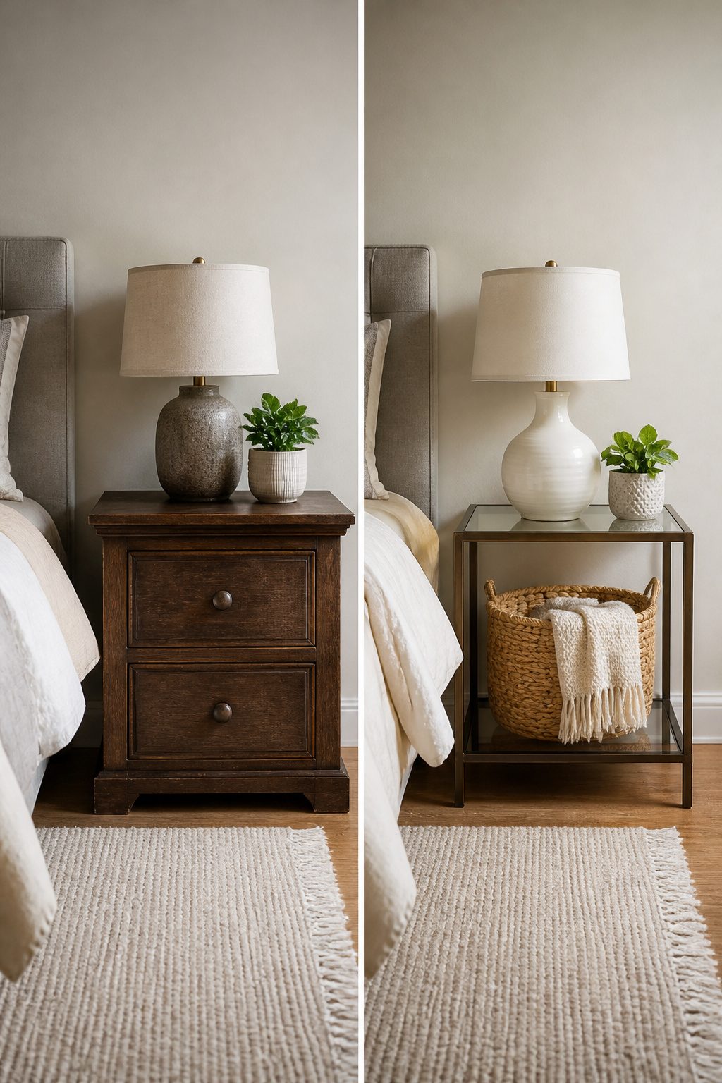 Two different nightstands placed beside a bed in a bedroom.