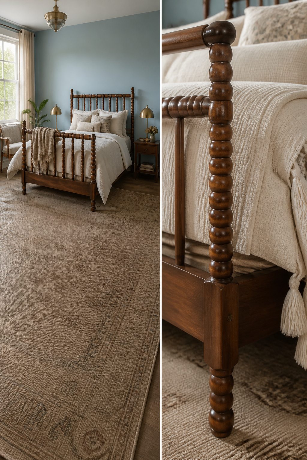 Different wooden furniture pieces in similar tones in a bedroom.