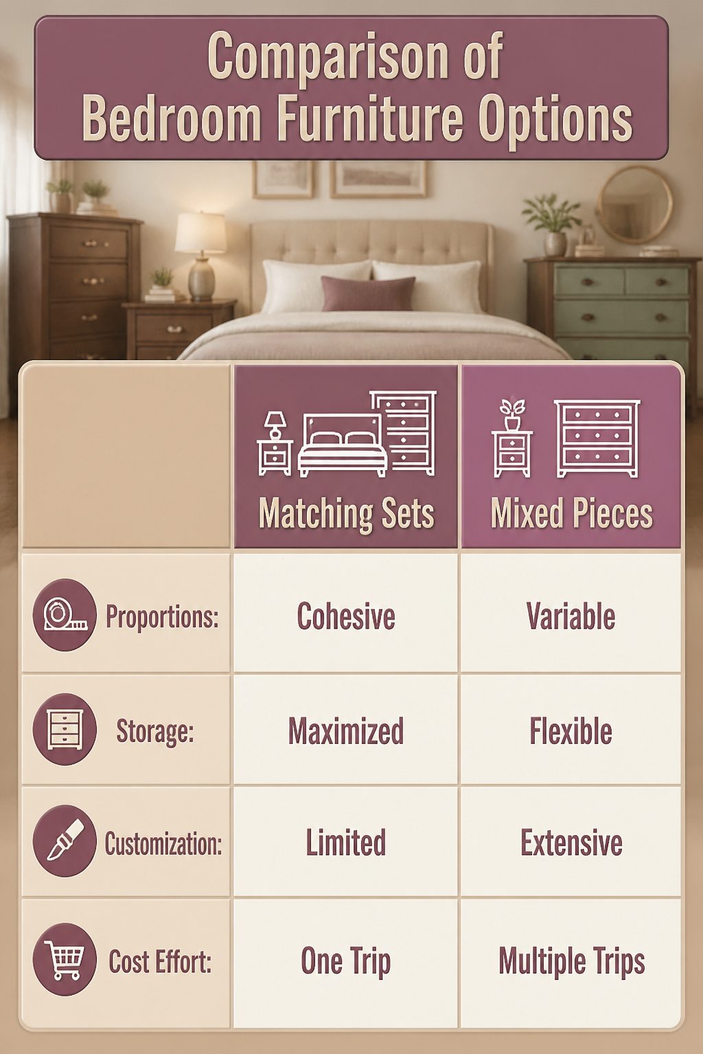 Comparison image of matching bedroom set versus mismatched pieces.