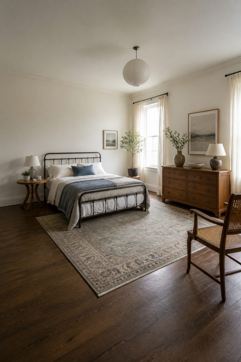A bedroom layout showing careful placement of mismatched furniture.