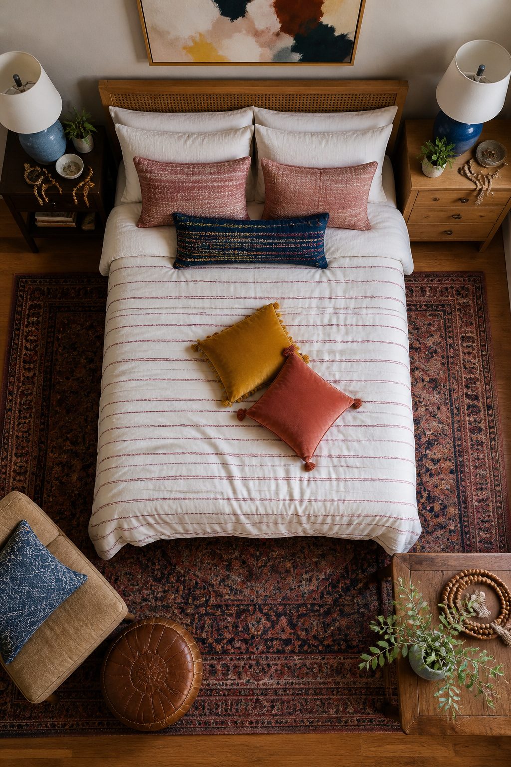 A rug and lamps connecting various furniture elements in a bedroom.