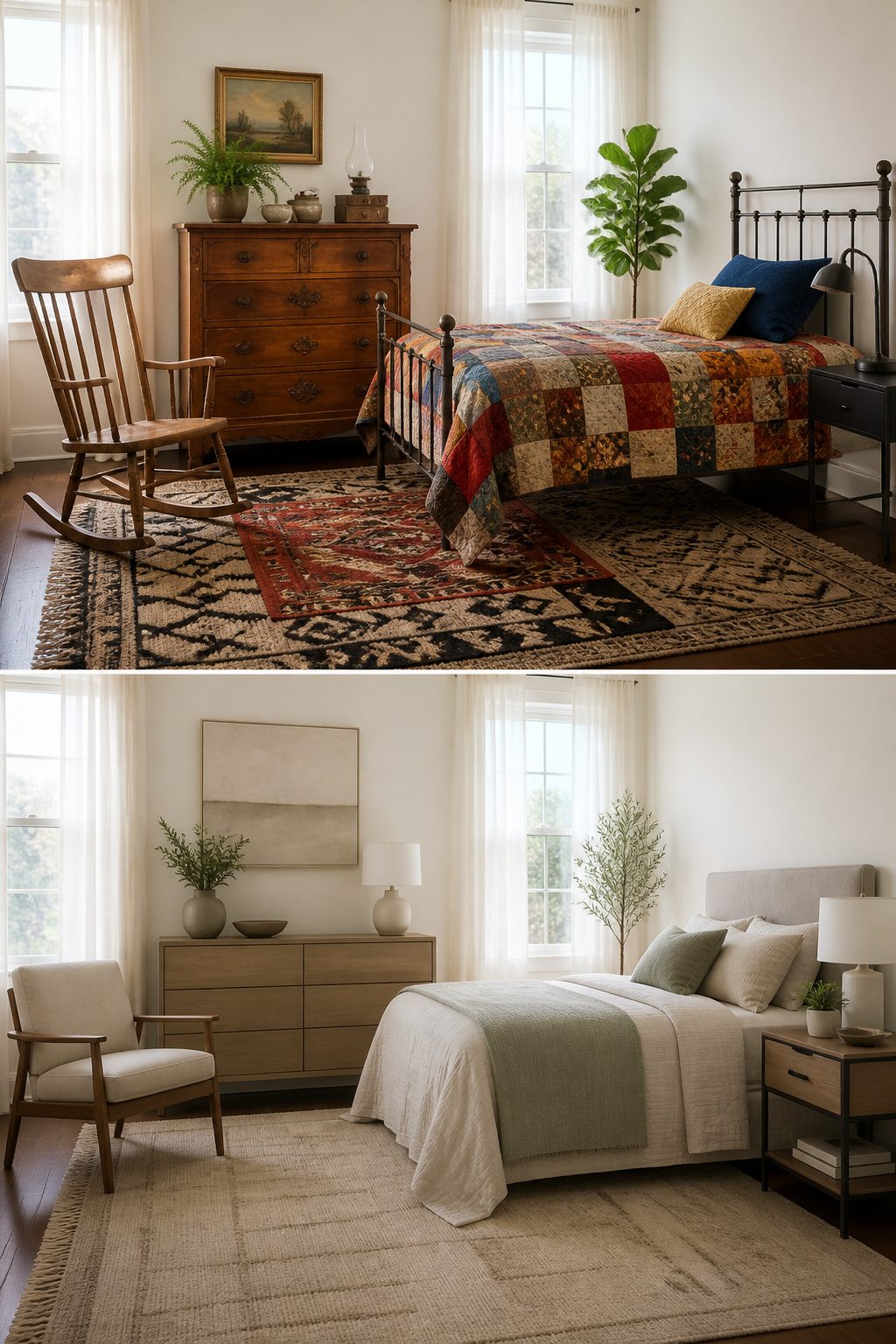Various mismatched furniture items in a bedroom setting.
