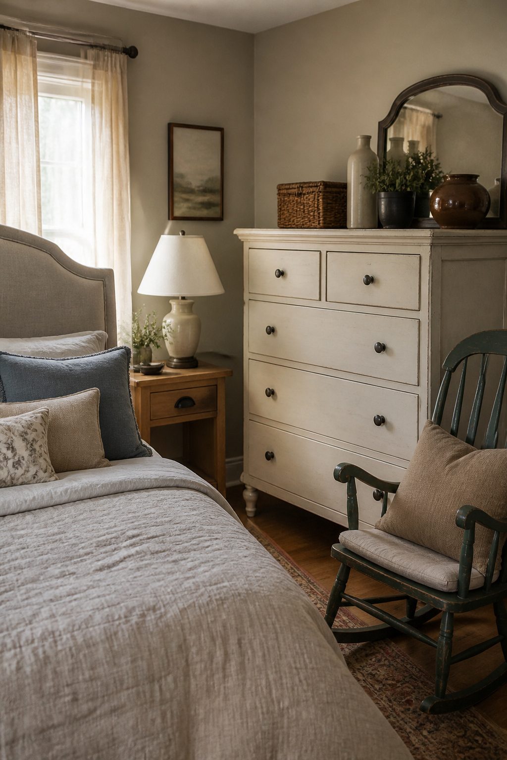 Mismatched furniture pieces unified by a coat of milk paint.