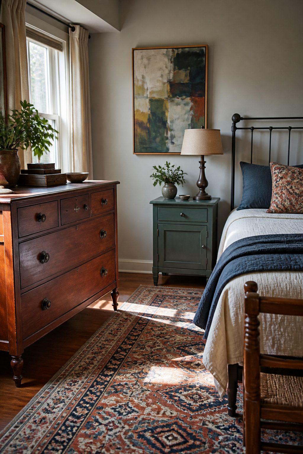 A bedroom with a vintage dresser and painted nightstand.