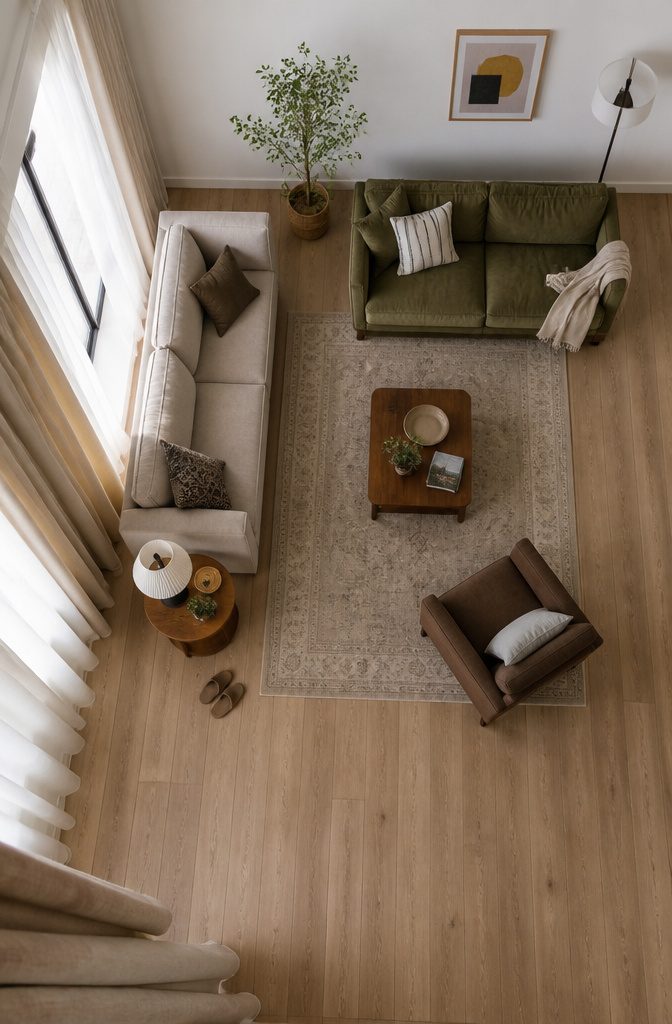 Two different sofas arranged in an L with an armchair on a rug