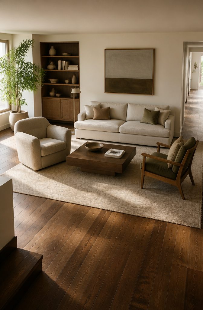 Large living room sectional beside a small delicate side table